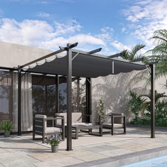 Outsunny Pergola Rétractable 3L X 3l X 2,30H M Structure Métal époxy Anticorrosion Noire Toile Polyester Haute Densité 180 G/m² Incluse Beige