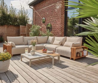 Ecloz - Salon de jardin aluminium crème et effet bois 7 personnes Eden ECLOZ