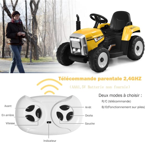 Tracteur 12V Enfant - Télécommande 2,4G - 3 Vitesses - Avec Remorque - Lumières LED - À Partir De 3 Ans