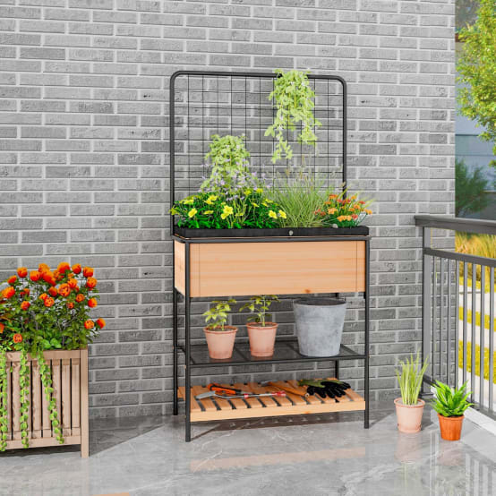 Happygrill Jardinière Surélevée En Bois Avec Pieds, Jardinière Surélevée De 61 Cm Avec 2 Panneaux Latéraux En Acrylique, Trous De Drainage, Lits Mobiles, Terrarium Pour Plantes Avec Support Pour