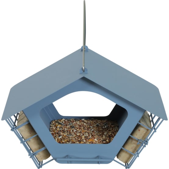 DARLUX Mangeoire Pour Oiseaux - Taille L Ou XL - Hexagonale - En Bois - Marron/bleu, Rouge, Noir Et Vert (XL Avec Support, Bleu - Marron