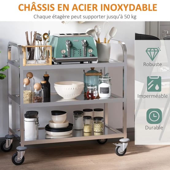 Royal Catering Chariot De Service INOX Desserte Cuisine à Roulettes RCSW-3R (3 Plateaux