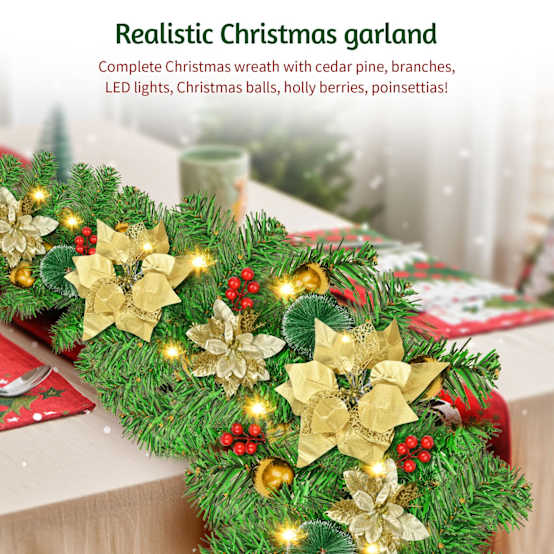 Guirlande De Noël LED 2.7 M, Couronne Artificielle En Rotin à Suspendre Pour Porte D'Entrée, Cheminée, Escaliers, Décoration (Argent