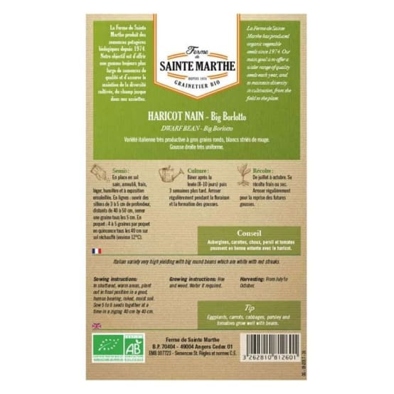 Haricots Nain Big Borlotto Bio LA FERME DE SAINTE MARTHE Gamm vert